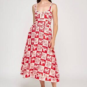 Rosie Harlow Red and Cream Floral-Print Pom Pom-Trim Midi Dress, Size L